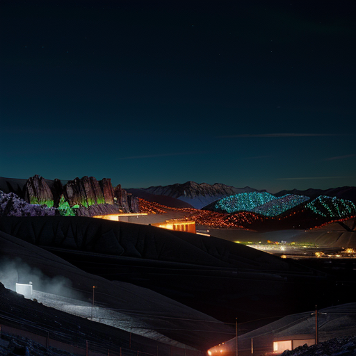 A vast, interconnected landscape of glowing data centers rising from a rugged, mountainous terrain.